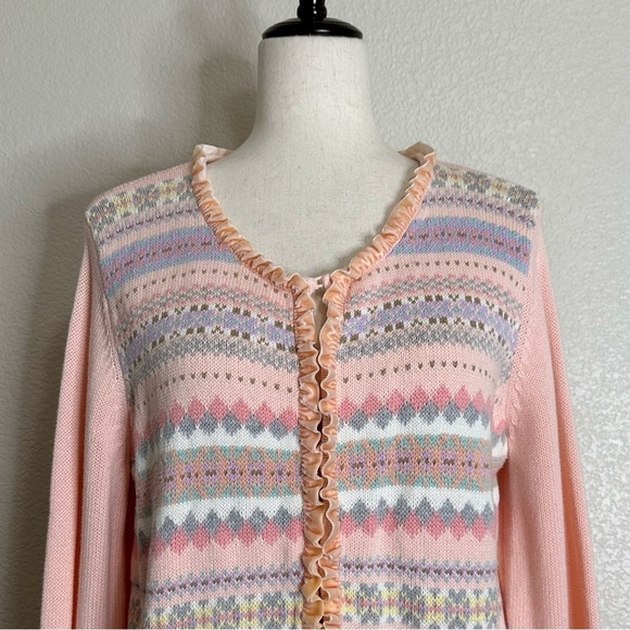 Crazy Horse Liz Claiborne Vintage Velvet Ruffle Pink Knit Cardigan, Size XL - Picture 3 of 13